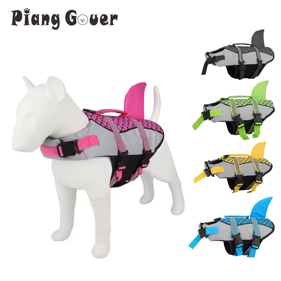 Dog Life Jacket – Shark Fin Swim Vest with Scale Print, Adjustable Harness