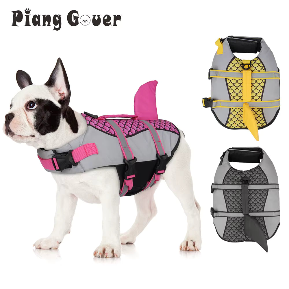 Dog Life Jacket – Shark Fin Swim Vest with Scale Print, Adjustable Harness