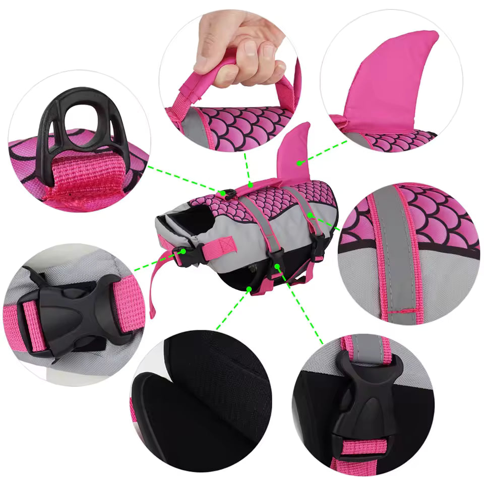 Dog Life Jacket – Shark Fin Swim Vest with Scale Print, Adjustable Harness